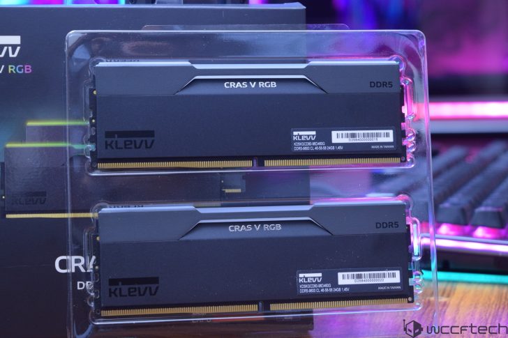 Two KLEVV CRAS V RGB DDR5 memory modules are shown in plastic packaging with specifications like DDR5-6800, CL 40-45-45, 2x48GB, and 1.45V.