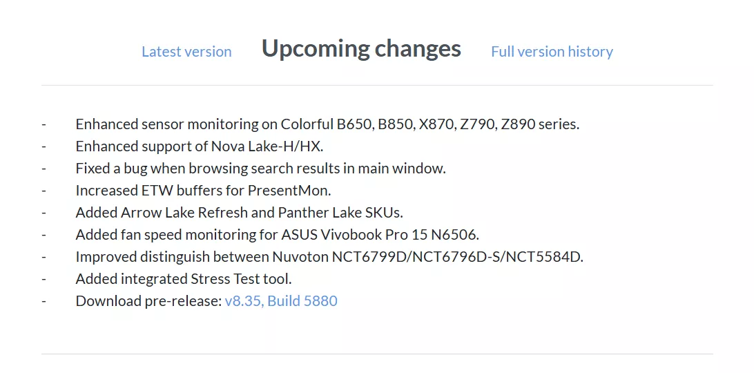 An update preview titled 'Upcoming changes' lists sensor monitoring enhancements for various hardware, added support for Arrow Lake and Panther Lake SKUs, fan speed monitoring for ASUS Vivobook Pro 15 N6506, and an integrated Stress Test tool, with a download link for 'v8.35, Build 5880'.