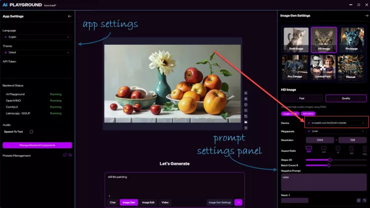 The image shows the Intel AI Playground interface with app settings, image generation settings, and a still life painting on display, using the 'Intel(R) Arc(TM) A750 GPU (32x6)' for generating a 'HD Image'.