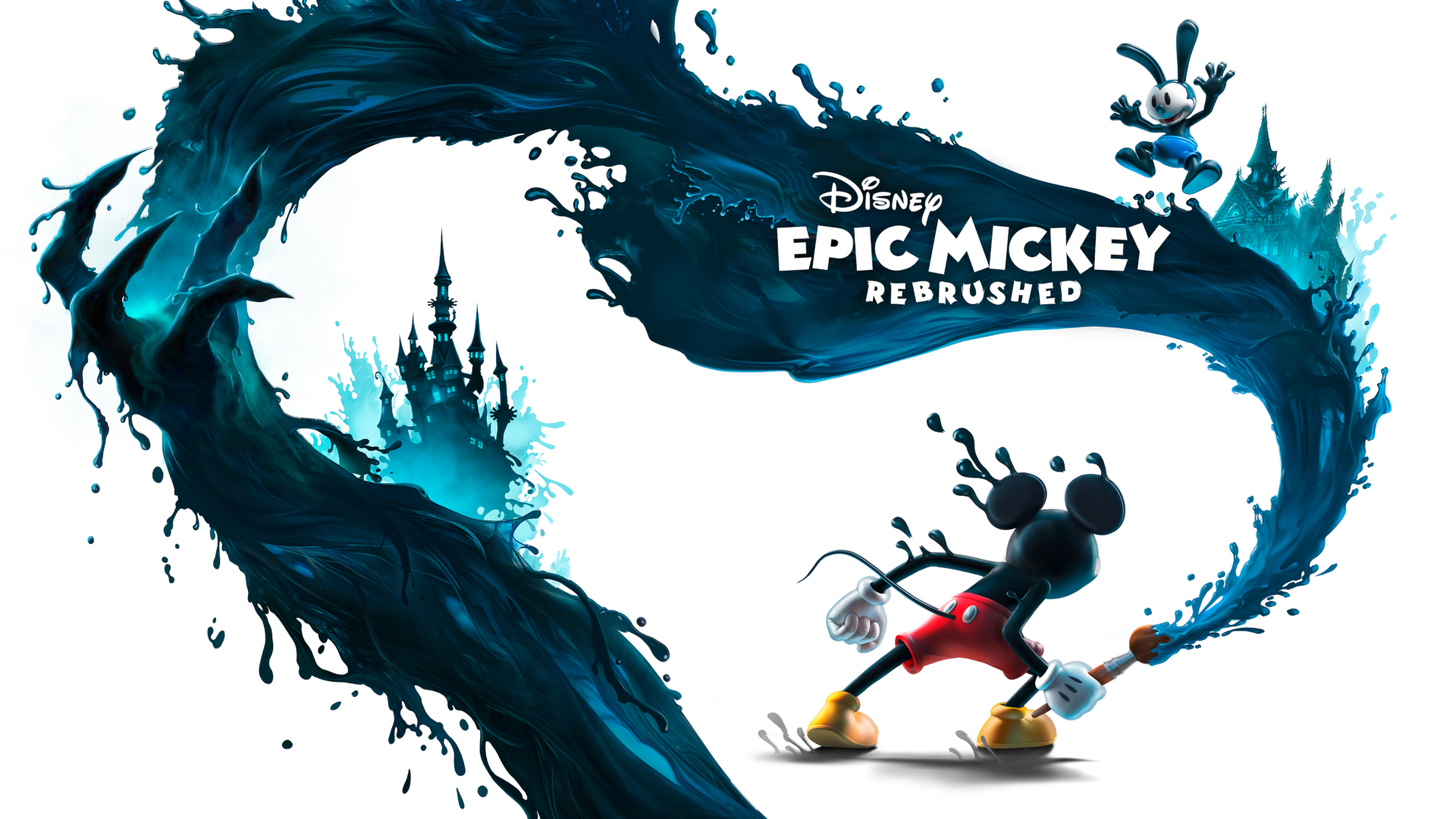 Mickey Mouse is depicted painting a swirl of blue ink, featuring the text 'Disney Epic Mickey Rebrushed', with Oswald the Lucky Rabbit and a castle silhouette in the background.