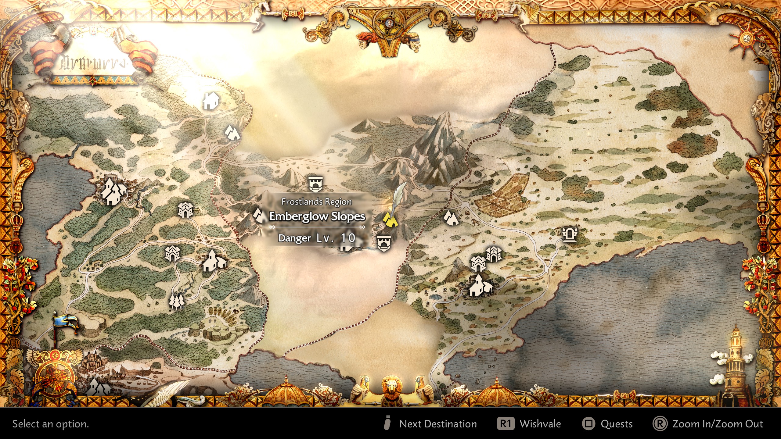 A map from the game 'Octopath Traveler 0' shows the Frostlands Region with highlighted location 'Emberglow Slopes' and 'Danger Lv. 10'.