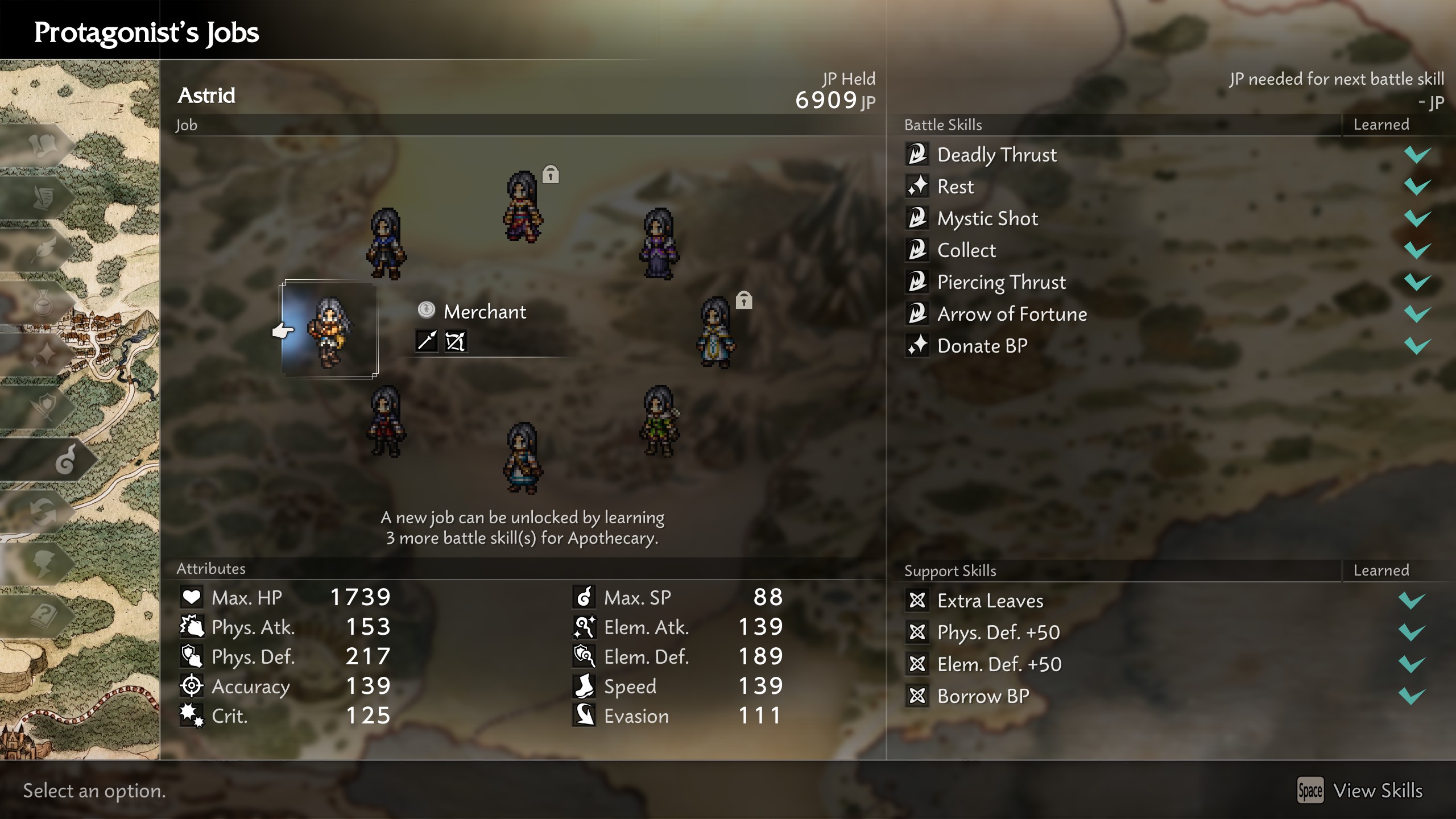 The game screen from 'Octopath Traveler 0' shows the character Astrid with the job class 'Merchant' and multiple battle skills and attributes listed.