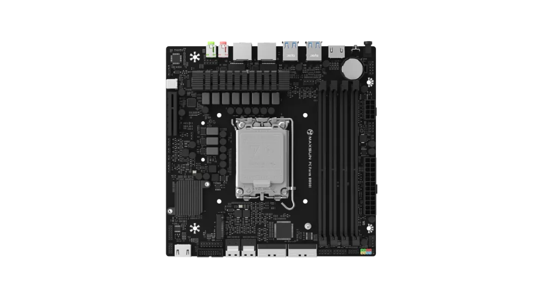 A Maxsun motherboard labeled 'PCIE Gen 5.0 B650' showing various ports and slots.