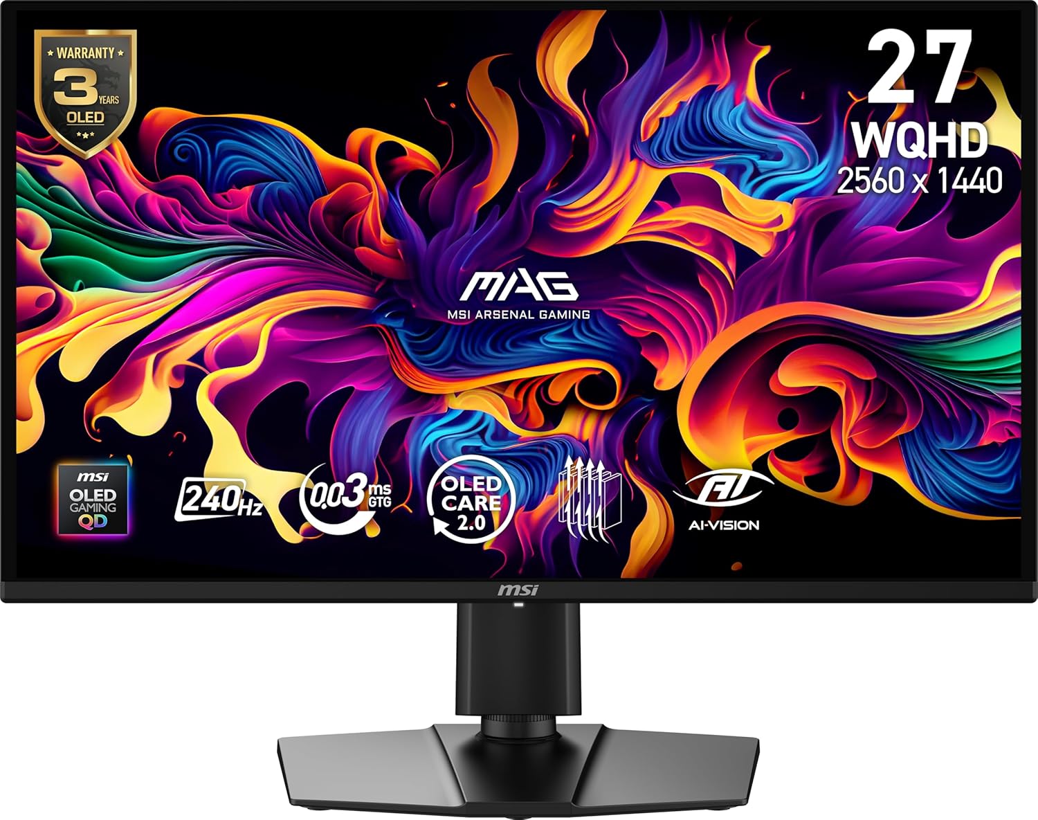 The MSI MAG OLED gaming monitor displays vibrant abstract artwork with '240Hz', '0.3ms GTG', and '27 WQHD 2560 x 1440' text annotations.