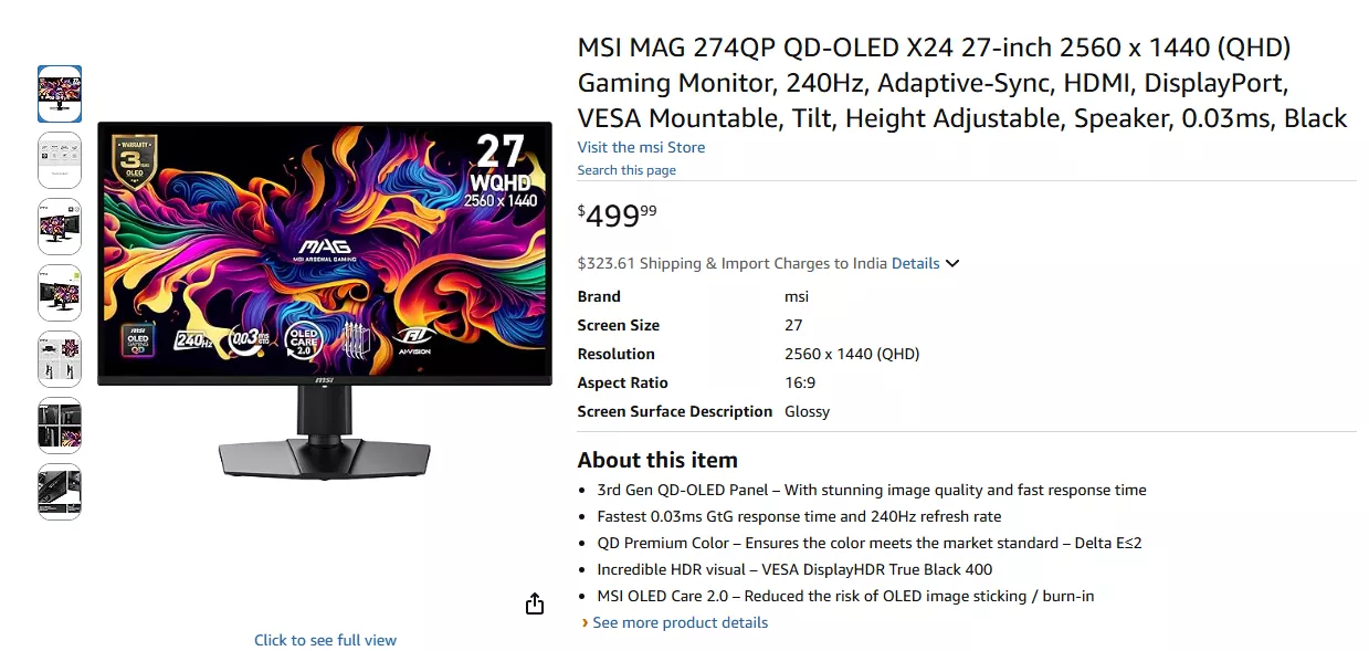 The MSI MAG 274QP QD-OLED 27-inch monitor displays '27 WQHD 2560 x 1440' with features like '240Hz,' '0.03ms,' and 'OLED Care 2.0' on the screen surrounded by colorful graphics.