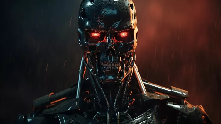 A detailed view of a Terminator's metal endoskeleton with glowing red eyes, set against a dark, rain-filled background.