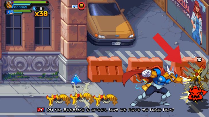 A colorful pixel art scene from a video game shows a caped character punching an enemy while the on-screen text reads, Oh no, Beetle’s a crook, but we have to help him!