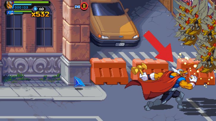 A character in Teenage Mutant Ninja Turtles: Shredder's Revenge is throwing an enemy into a stack of crates on a city street with a health bar reading 'x532'.