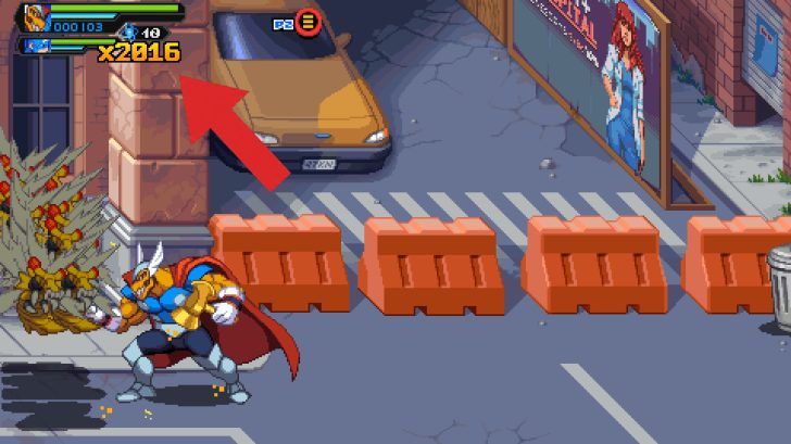 A character in a retro-style video game battles robots on a street, with an on-screen score reading 'x2016' in a city setting.