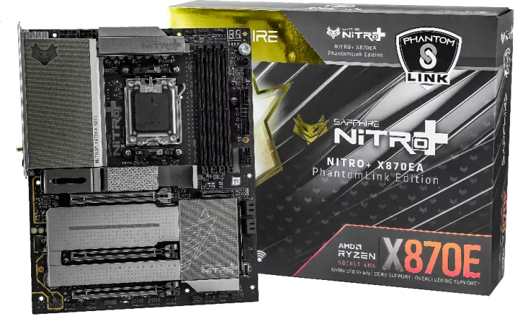A Sapphire Nitro+ X870E PhantomLink Edition motherboard is displayed alongside its packaging, highlighting support for AMD Ryzen with X870E prominently featured.