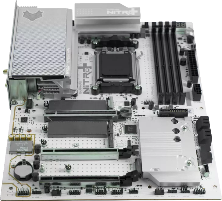 A Sapphire NITRO+ motherboard featuring a large silver heatsink labeled 'NITRO 10Gplus WiFi' and 'PURE SOUND' audio section.