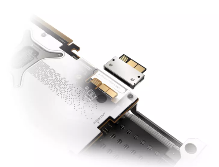 A close-up of a graphics card with a visible connector labeled 'A Phantom Link.'