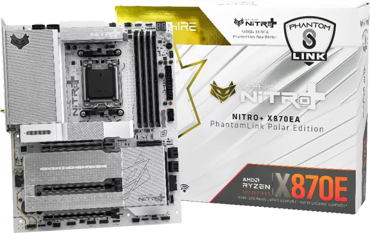 A Sapphire NITRO+ X870EA PhantomLink Polar Edition motherboard is displayed next to its packaging, highlighting its 'AMD Ryzen X870E Socket AM5' support.