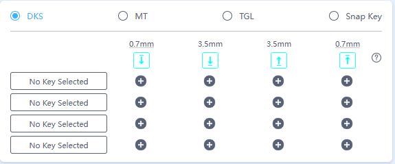 A settings panel with options for 'DKS', 'MT', 'TGL', and 'Snap Key' features selectable key configurations with sliders showing measurements of 0.7mm and 3.5mm.