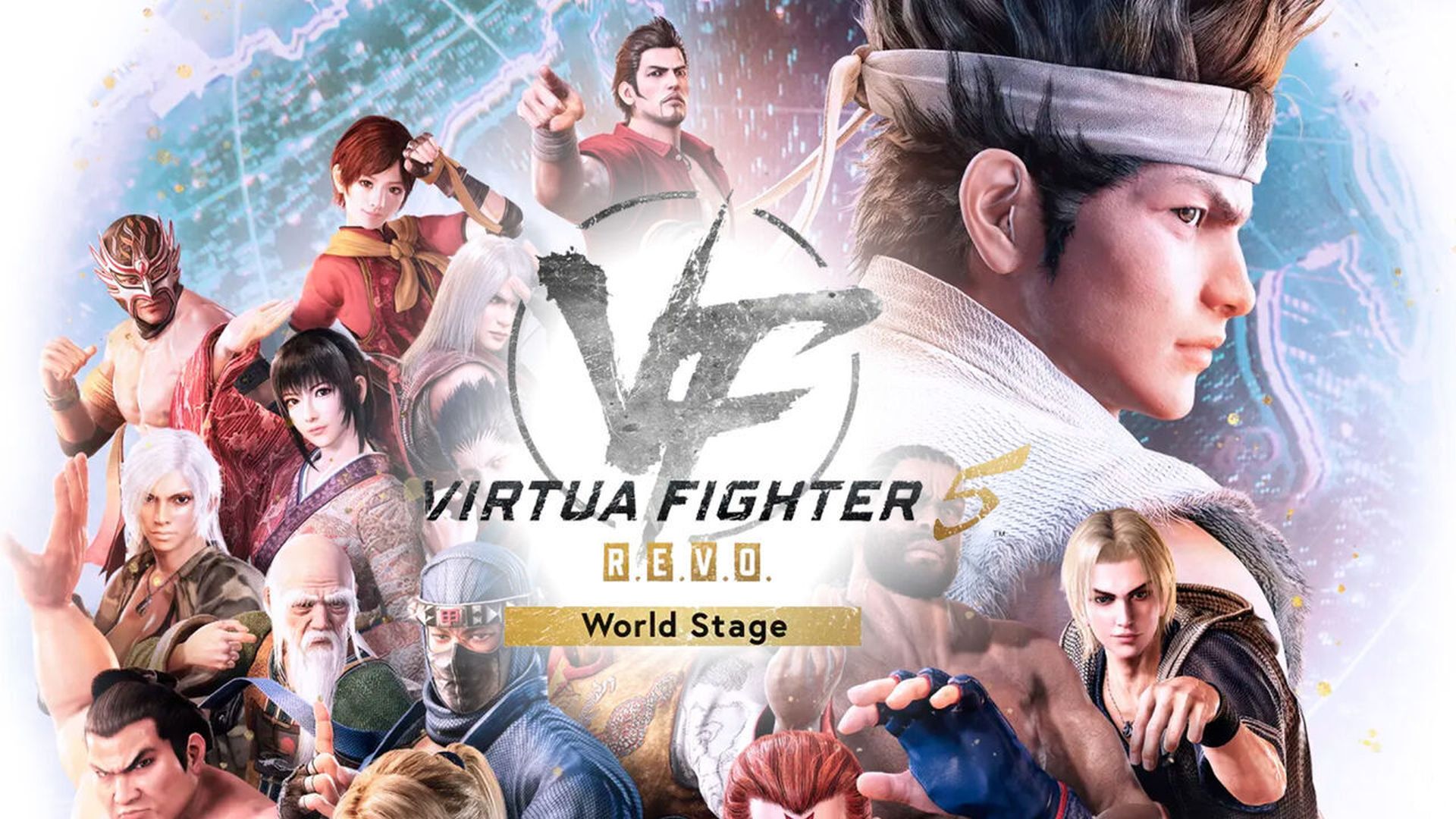 Artwork for Virtua Fighter 5 R.E.V.O. World Stage featuring multiple fighters in dynamic poses.