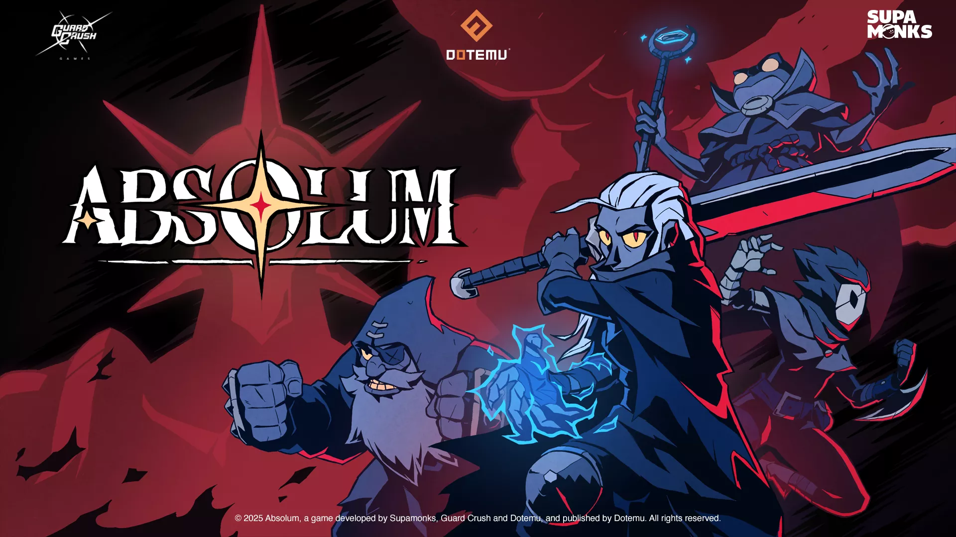 The image shows characters from the game 'Absolum,' developed by Supamonks, Guard Crush, and Dotemu, with the title prominently displayed.