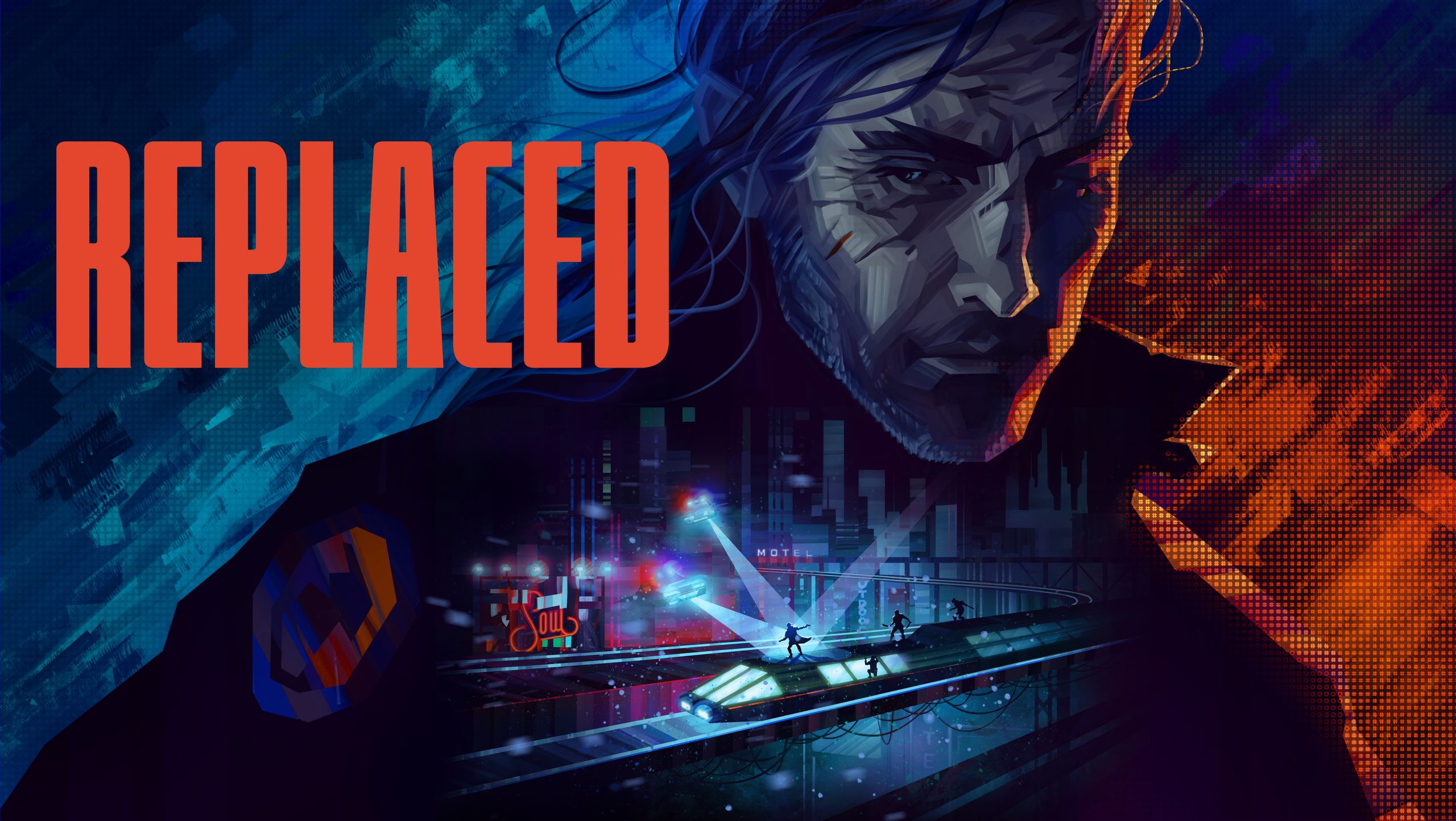 Dystopian scene with neon cityscape, futuristic train, and mysterious figure under REPLACED text.