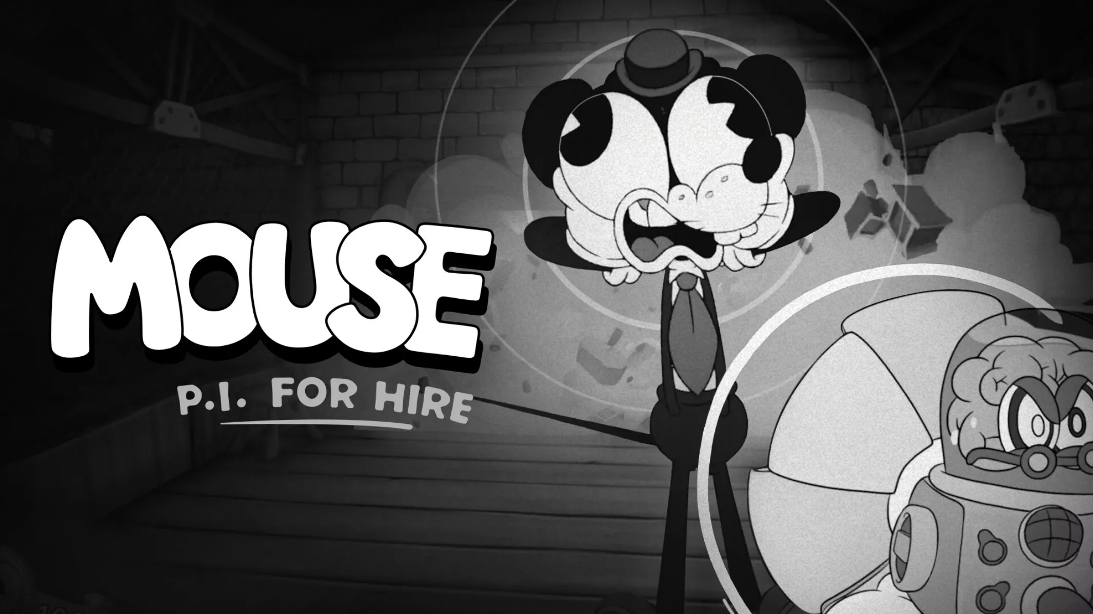 A black and white image from the game 'Mouse P.I. For Hire' showing a cartoon mouse detective with a surprised expression and a secondary image of a character in a space helmet.