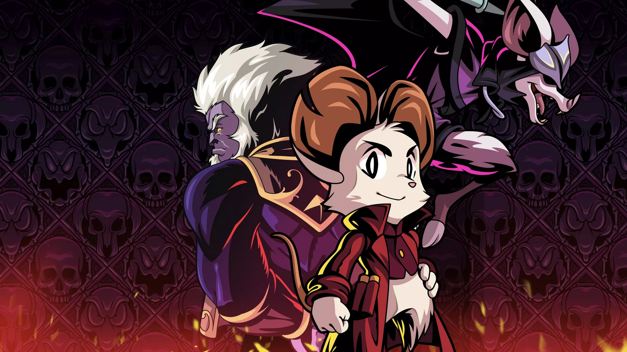 Three animated characters standing against a dark, skull-patterned background, with one character featuring large mouse ears and a confident expression in the foreground.