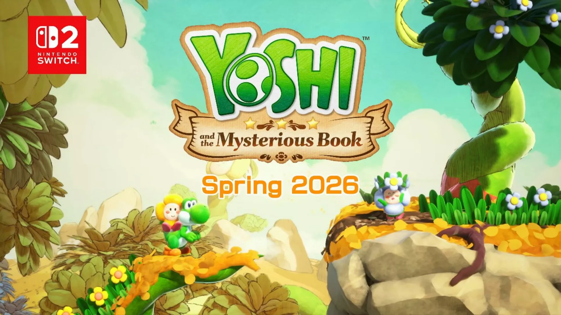 The promotional image for 'Yoshi and the Mysterious Book' shows a Nintendo Switch logo and announces its release in 'Spring 2026', featuring Yoshi and characters in a vibrant landscape.