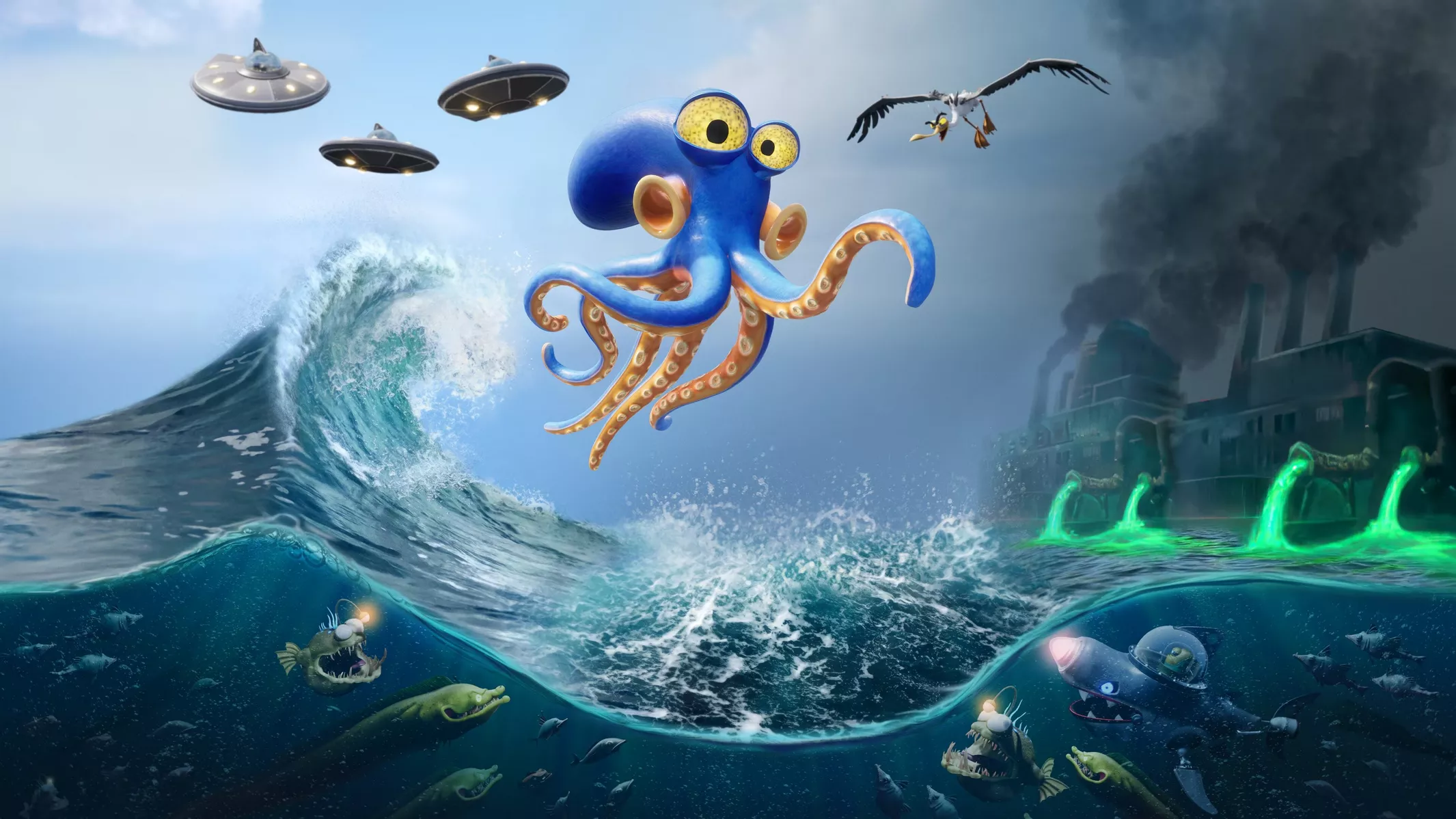 A cartoon octopus with large eyes floats above ocean waves near a factory, accompanied by flying saucers and a bird, while sea creatures swim beneath the surface.
