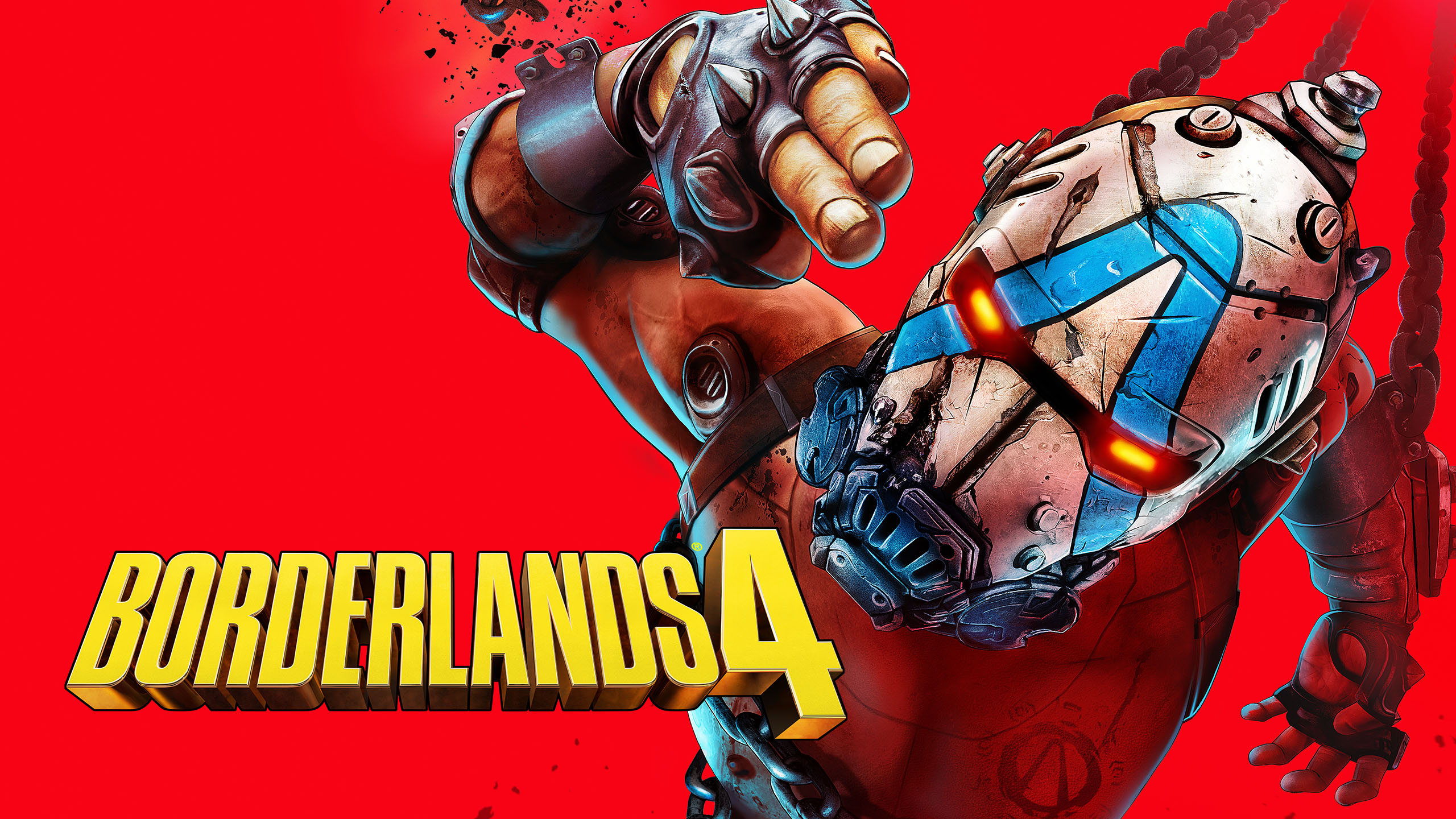 A character from Borderlands 4 is reaching forward against a bright red background with the game's title prominently displayed in yellow text.