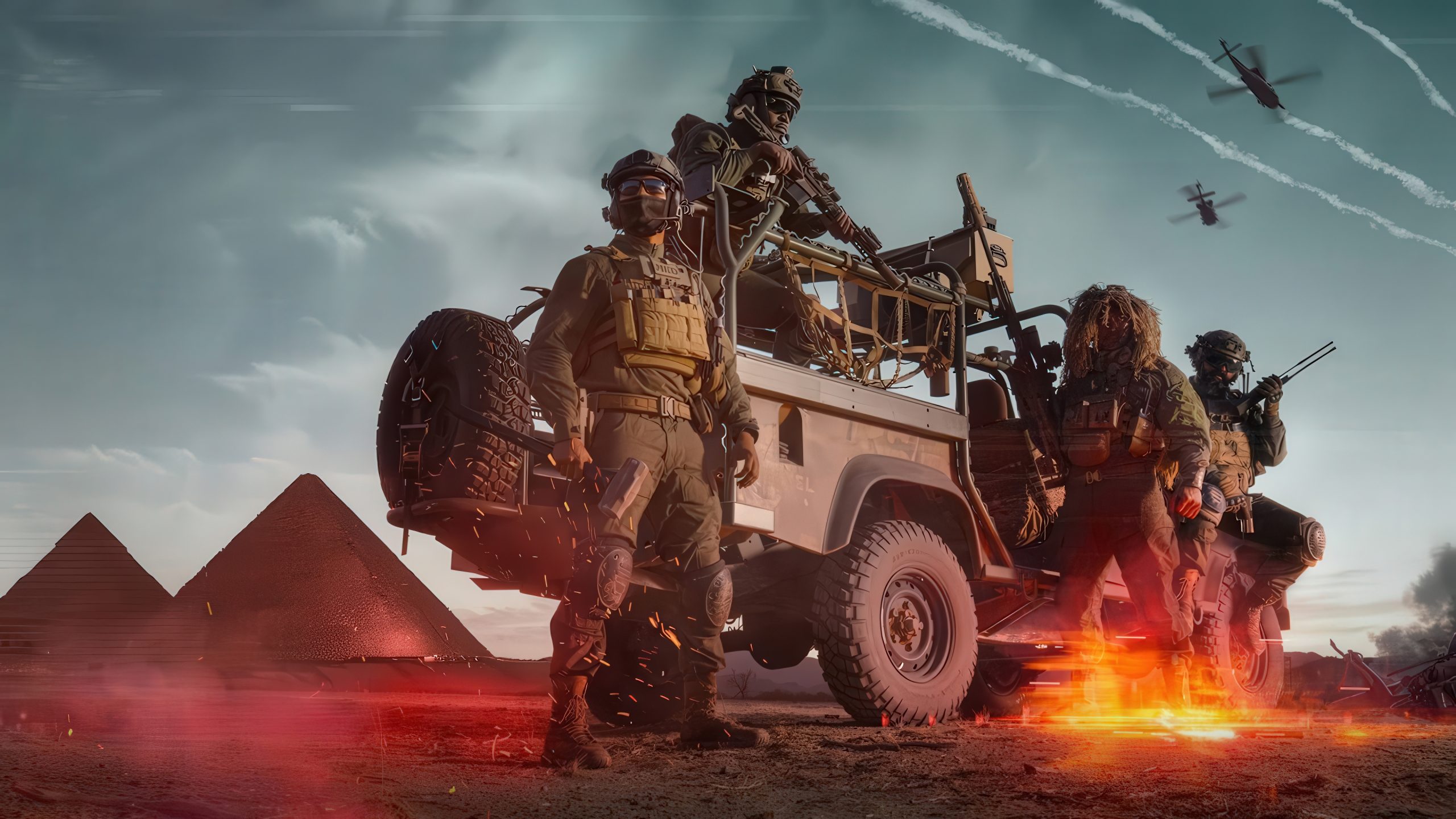 Four soldiers in tactical gear stand beside a military jeep in front of pyramids with helicopters flying in the background.