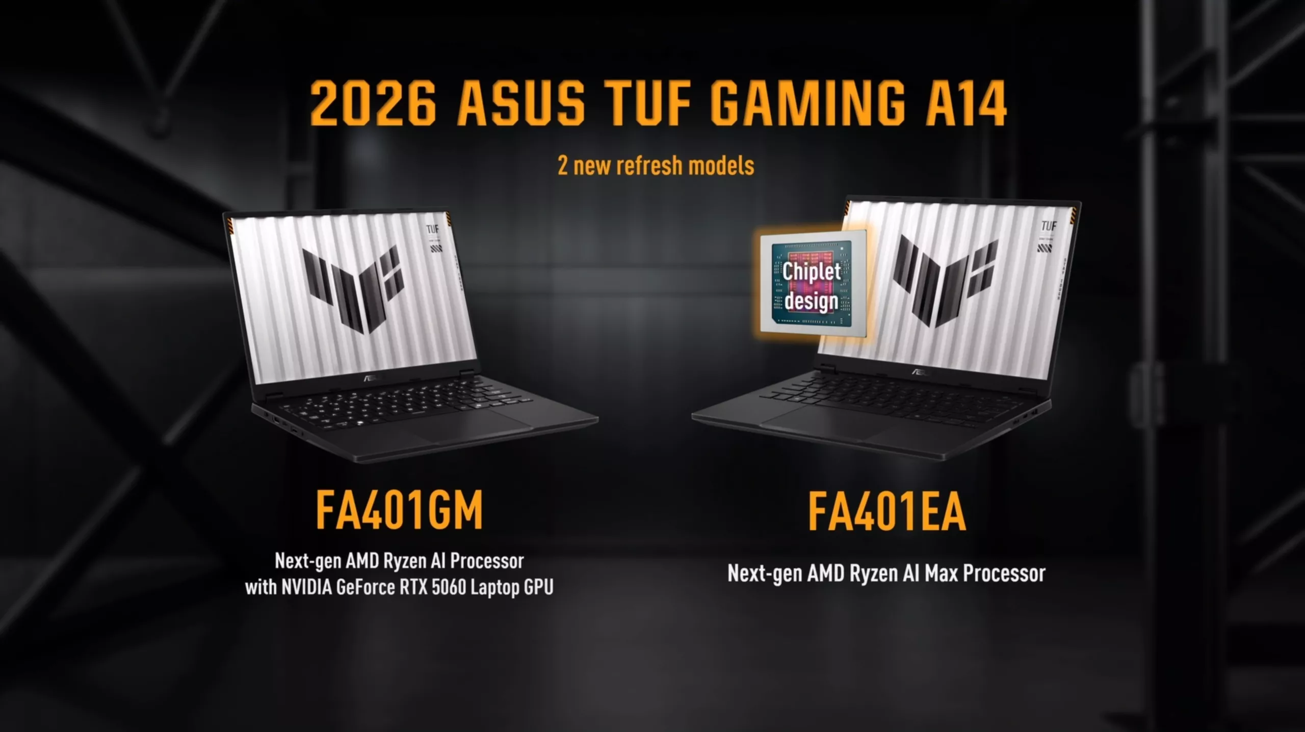 Two ASUS TUF Gaming A14 laptop models, FA401GM and FA401EA, showcasing 'Chiplet design' with next-gen AMD Ryzen AI processors, featuring an NVIDIA GeForce RTX 5060 Laptop GPU in FA401GM.