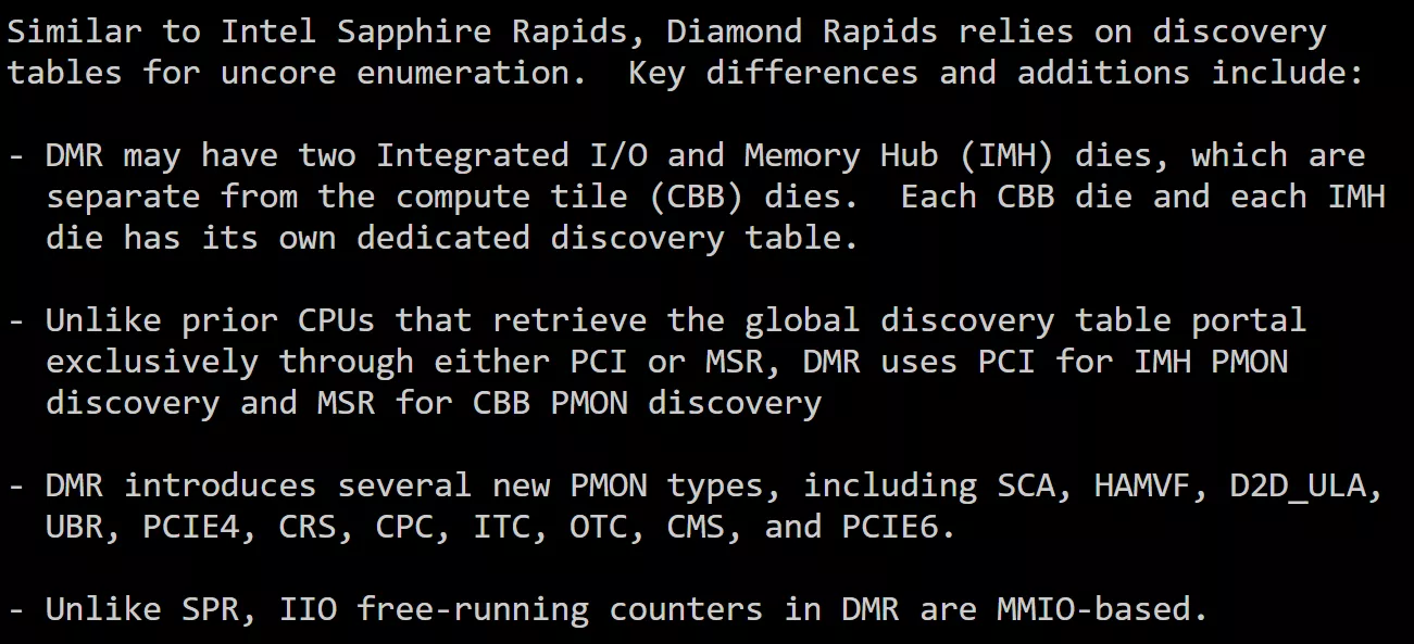 A slide details the Intel Diamond Rapids architecture's reliance on discovery tables, noting key differences from Intel Sapphire Rapids, such as the use of Integrated I/O and Memory Hub dies and new PMON types.