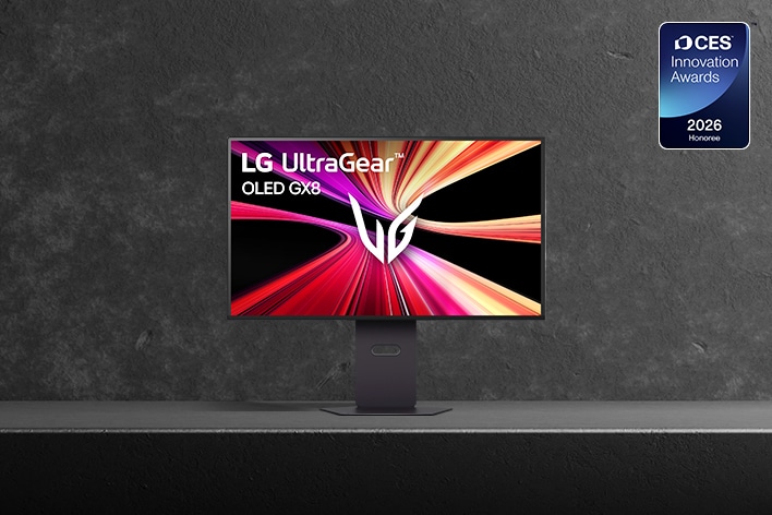 The image shows an LG UltraGear OLED GX8 monitor displaying a vibrant graphic, with a 'CES Innovation Awards 2026 Honoree' badge on the side.