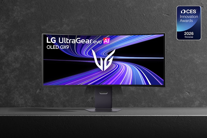 The LG UltraGear evo AI OLED GX9 monitor is displayed alongside a 'CES Innovation Awards 2026 Honoree' badge.