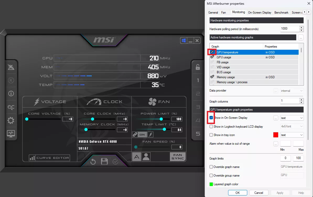 The MSI Afterburner interface shows NVIDIA GeForce RTX 4090 settings with GPU clock at 210 MHz, memory clock at 405 MHz, and temperature at 35°C, while the right panel has 'GPU temperature' and 'Show in On-Screen Display' options checked.