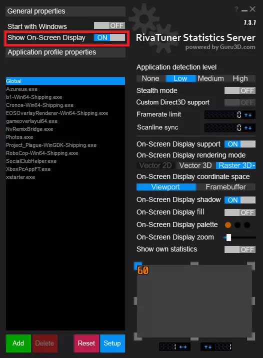 A screenshot of the RivaTuner Statistics Server version 7.3.7 interface showing 'Show On-Screen Display' set to 'ON' and various settings for application detection level, framerate limit, and display rendering mode.