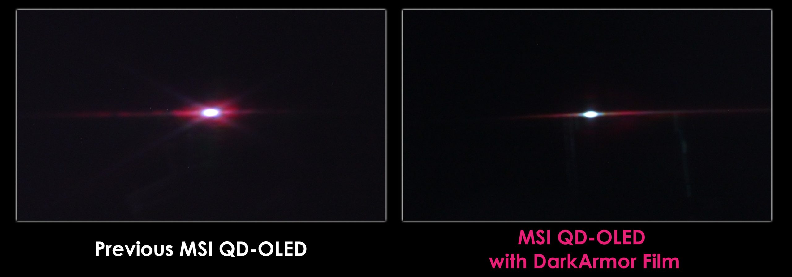 A comparative image shows light bleeding on a 'Previous MSI QD-OLED' panel versus significantly reduced bleed on an 'MSI QD-OLED with DarkArmor Film'.