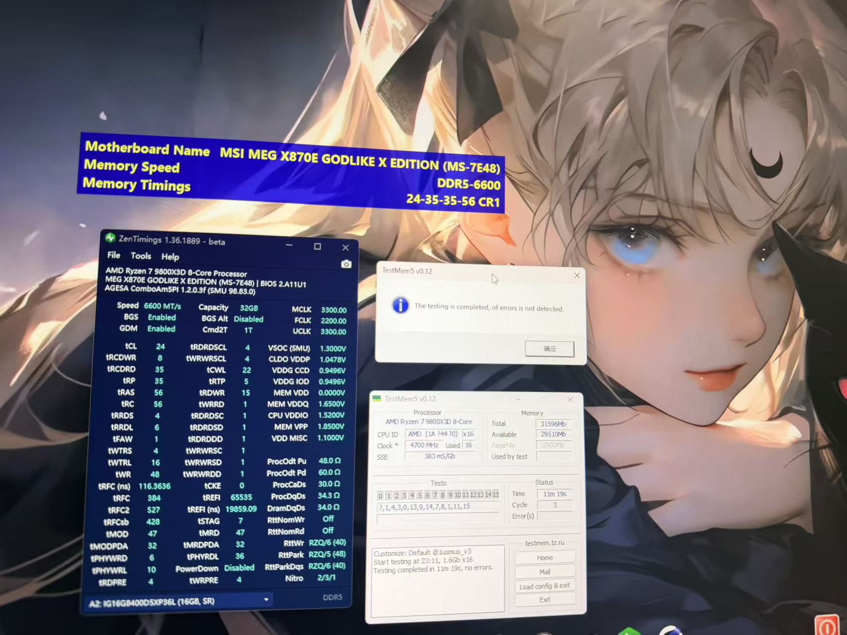 The screen displays ZenTimings running on an AMD Ryzen 7 7800X3D with MSI MEG X870E GODLIKE X EDITION, DDR5-6600 memory, and 'TestMem5 v0.12' showing no errors after testing, overlaid on an anime character wallpaper.
