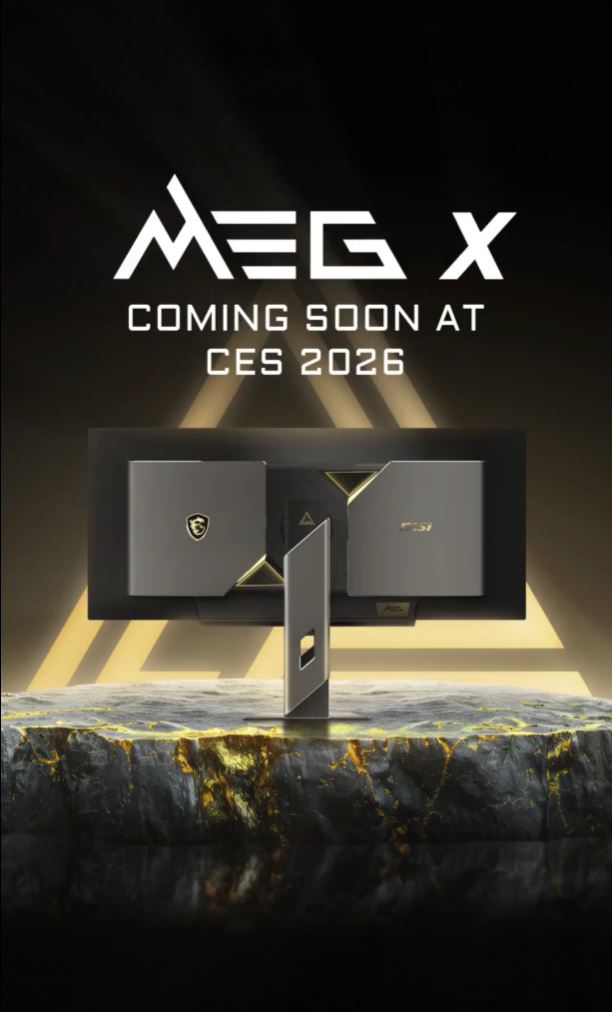 The image shows an MSI 'MEG X' device with stylized panels and the text 'COMING SOON AT CES 2026.'