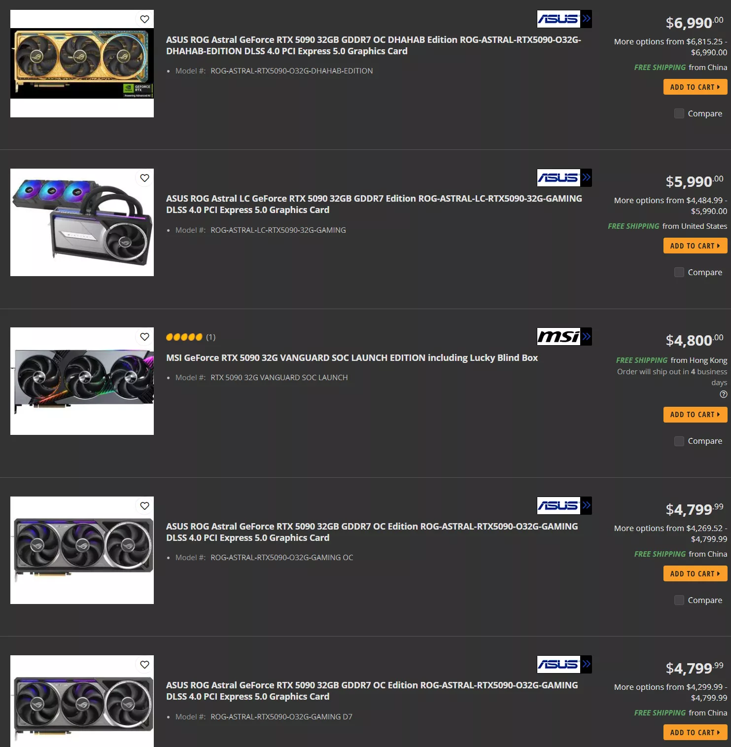 Multiple listings of ASUS and MSI GeForce RTX 5090 graphics cards are displayed, showcasing models like ASUS ROG Astral and MSI RTX 5090 32G VANGUARD, with prices ranging from $4,799.99 to $6,990.00.