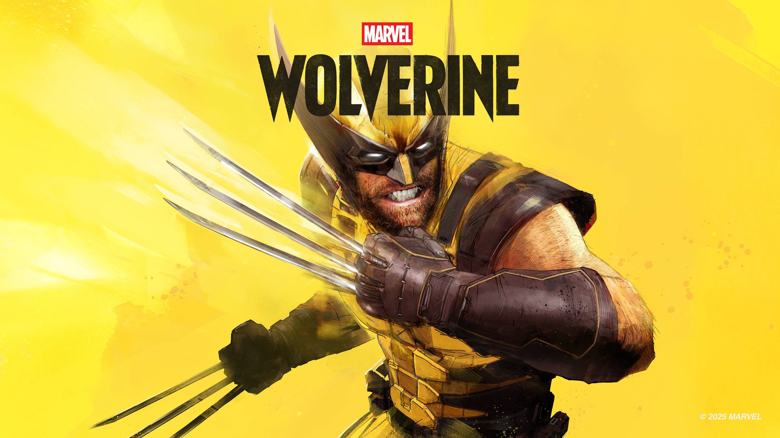 A character from Marvel's 'Wolverine' with extended claws on a yellow background, featuring the Marvel logo and copyright date '© 2025 MARVEL'.