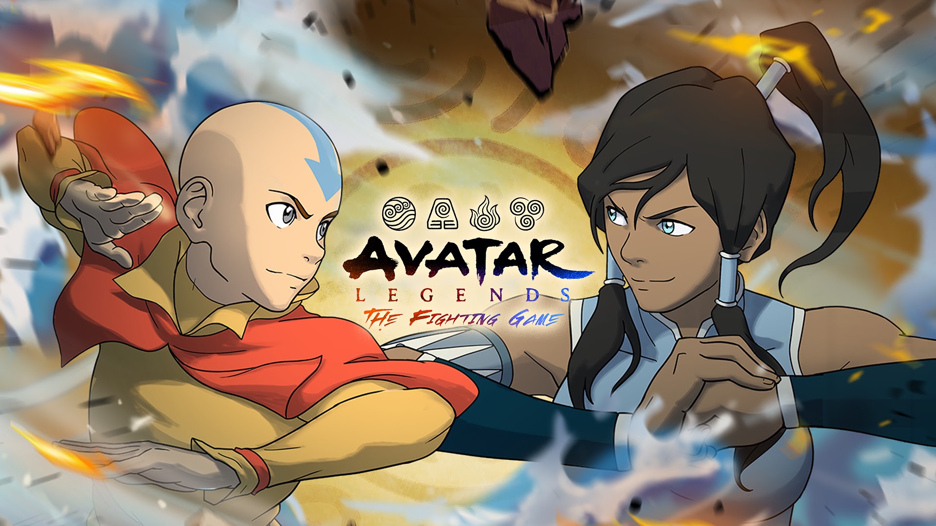 Characters from Avatar Legends: The Fighting Game are facing off with Aang and Korra in dynamic fighting stances.