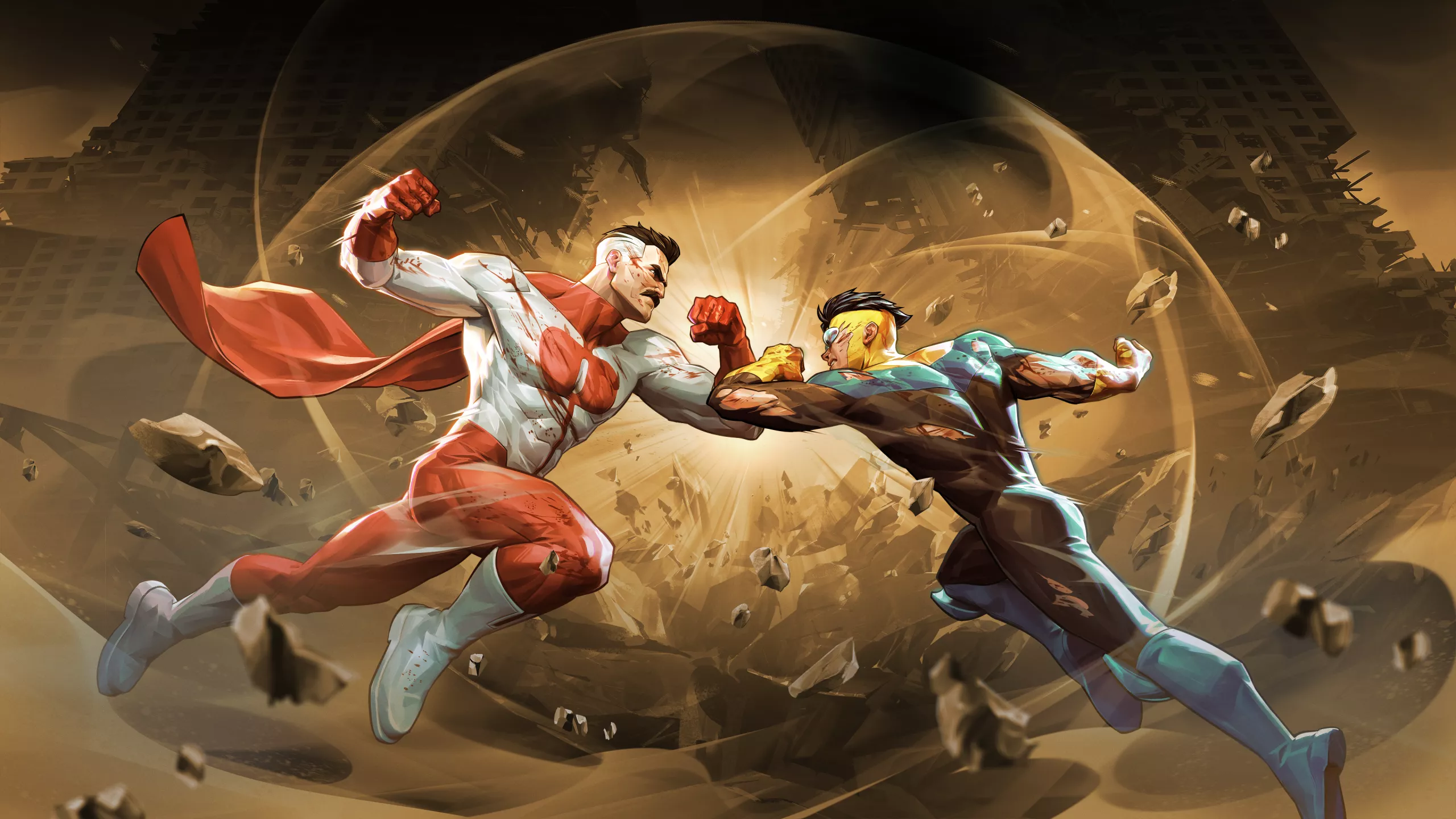 Two superheroes, one in a red and white suit and the other in a blue and yellow suit, are engaging in a powerful clash amidst a crumbling urban landscape, emanating energy waves.